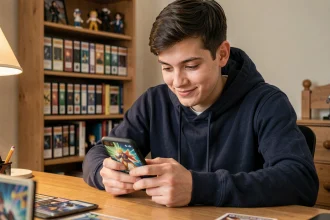 Jeune homme jouant à un jeu de cartes Pokémon numérique sur smartphone dans une chambre avec collection de cartes en arrière-plan