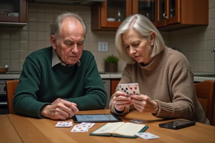 Homme et femme jouant aux cartes dans la cuisine