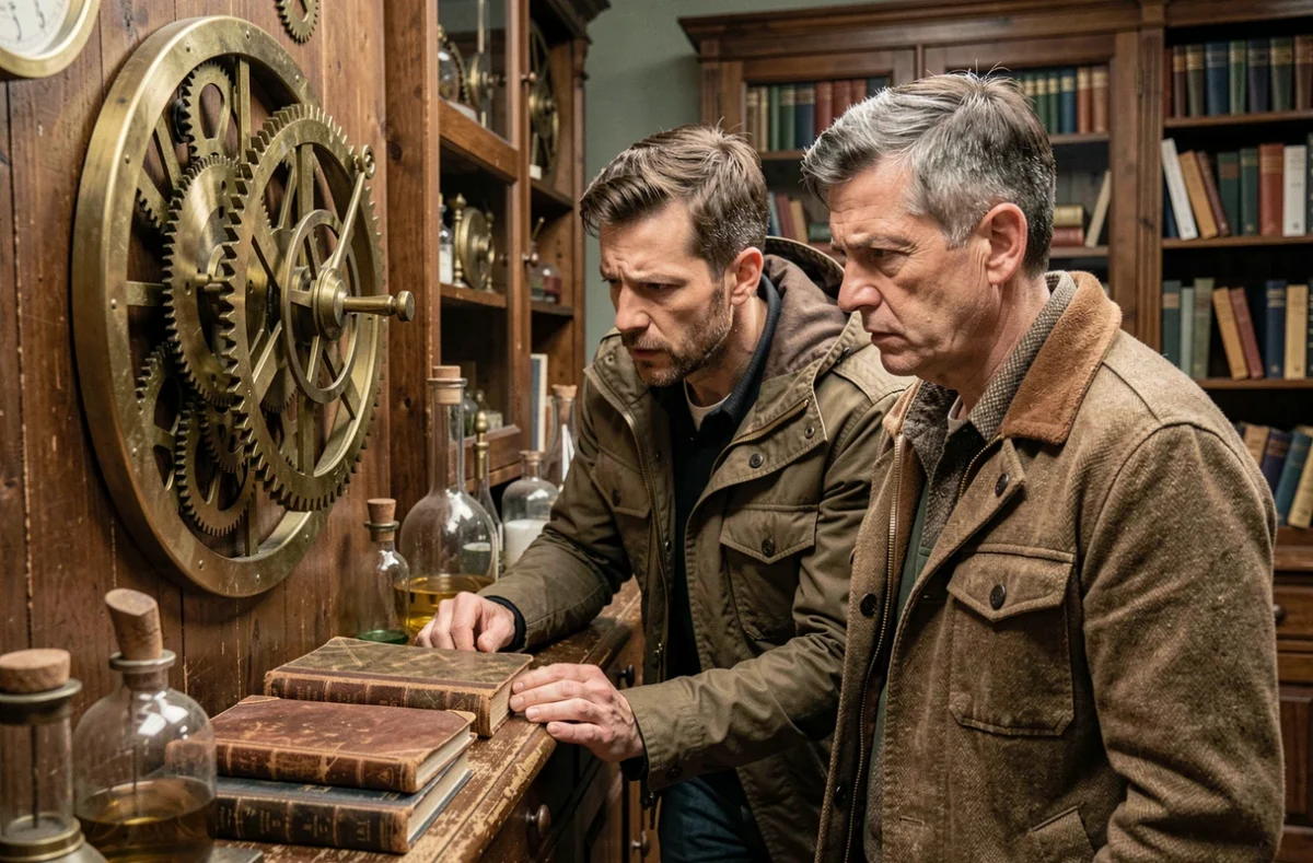 Deux joueurs analysant un mécanisme d'horloge antique lors d'un escape game longue durée à Dijon