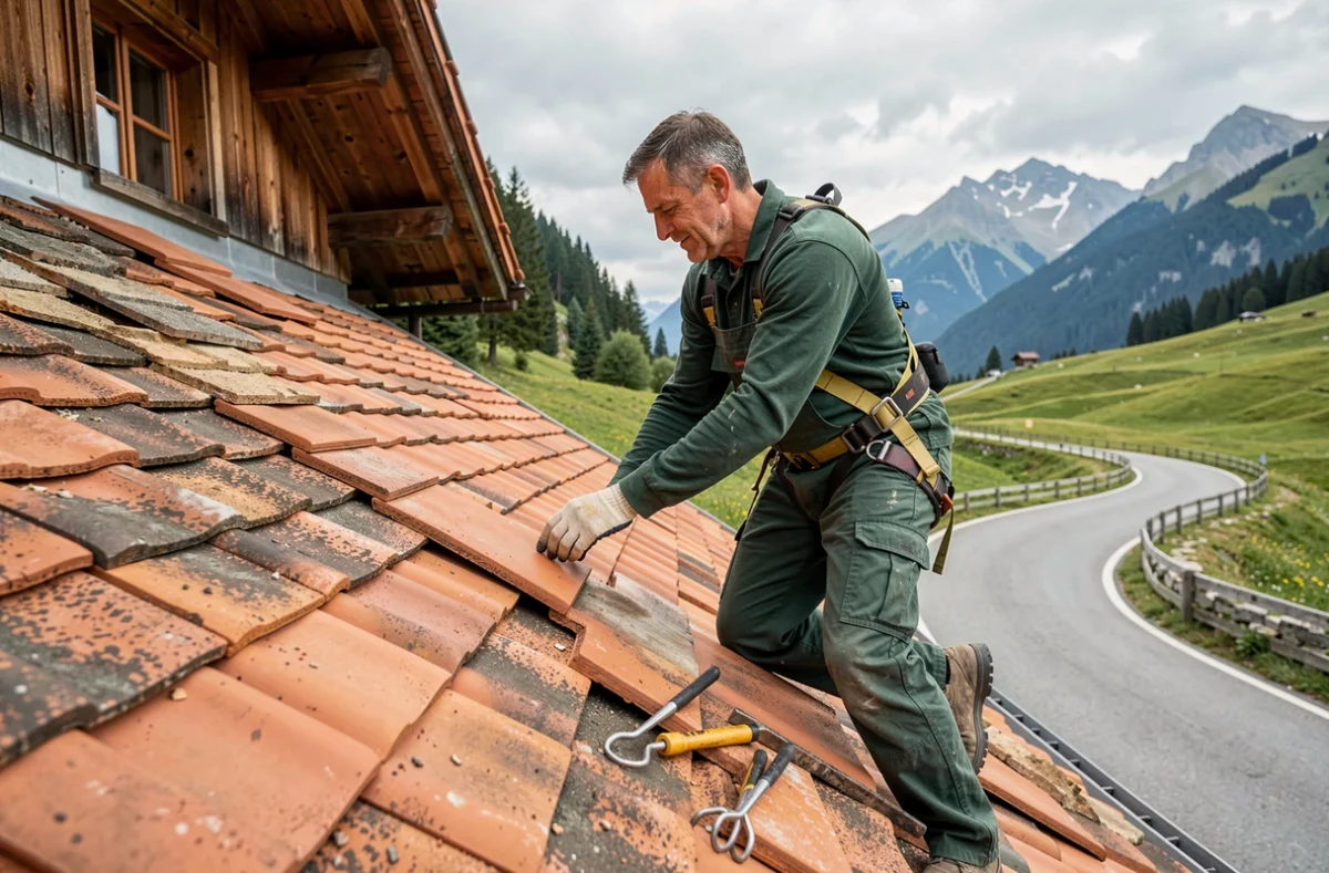 Couvreur Lecomte remplaçant des tuiles endommagées sur une maison traditionnelle de Savoie