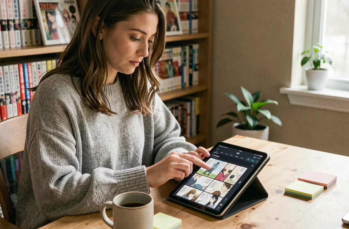 Jeune femme lisant du yaoi manga en ligne sur une tablette dans un bureau cosy