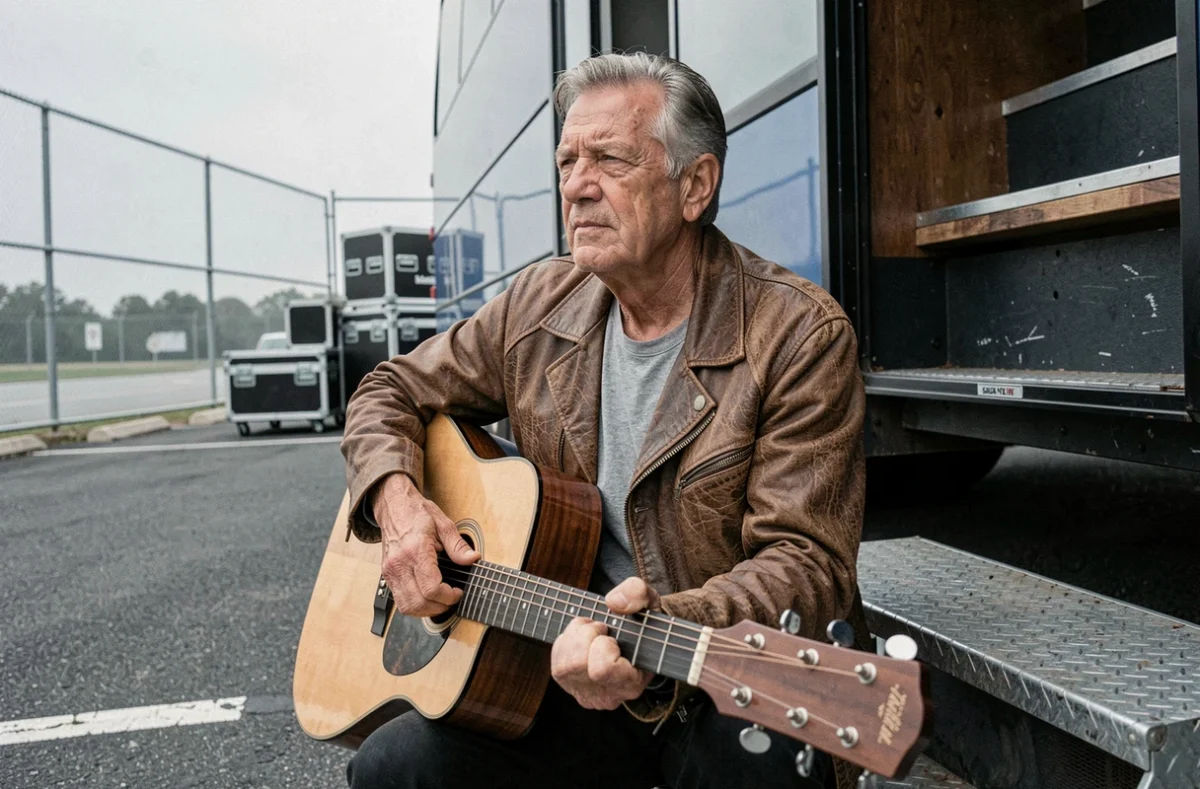 Légende de la musique américaine assis sur les marches d'un bus de tournée avec une guitare acoustique, regard pensif et authentique