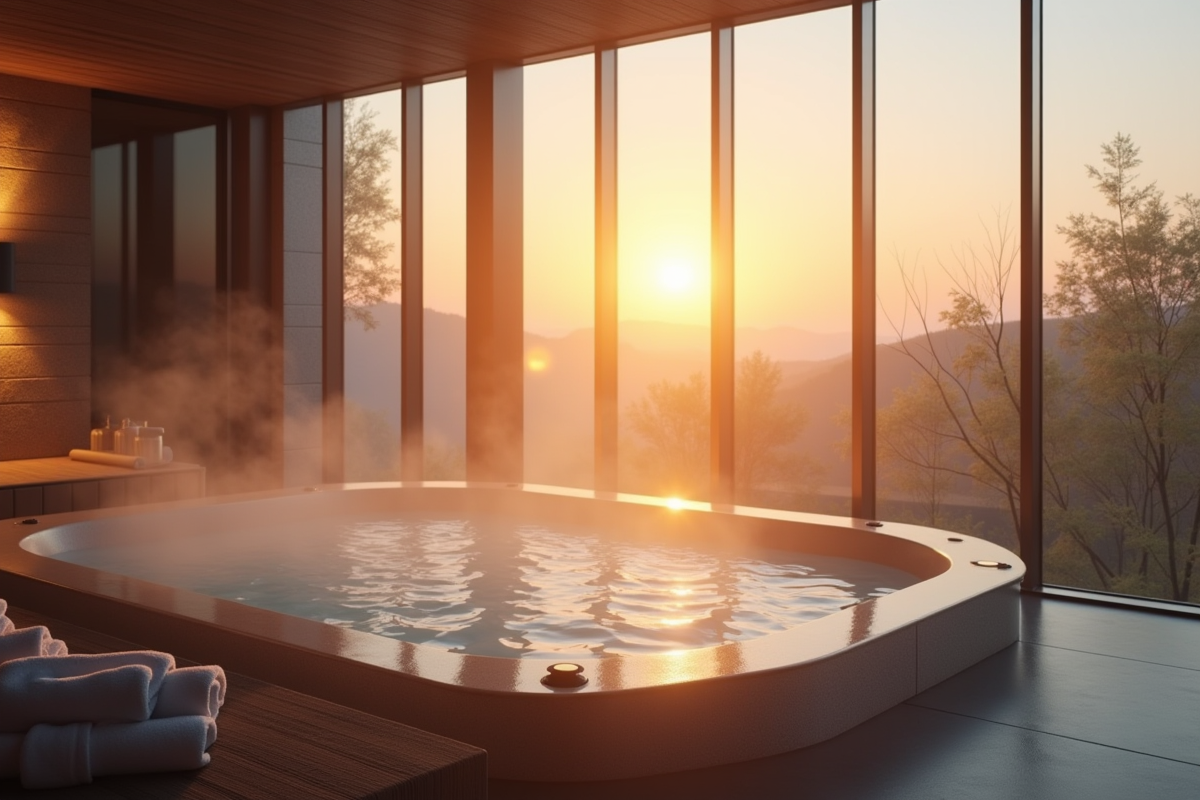 Vue du matin dans un spa privé avec jacuzzi et lumière naturelle