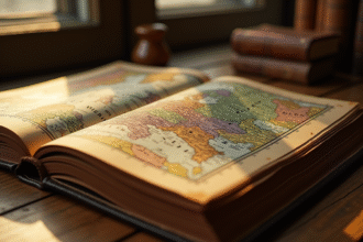 Livre ancien ouvert avec carte de l'Europe et capitales E