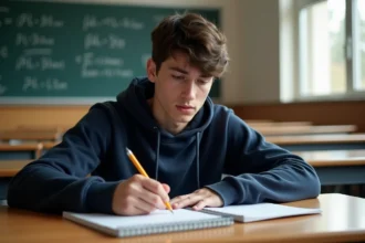 Lycéen écrivant la formule de force F=ma dans un cahier de physique en salle de classe