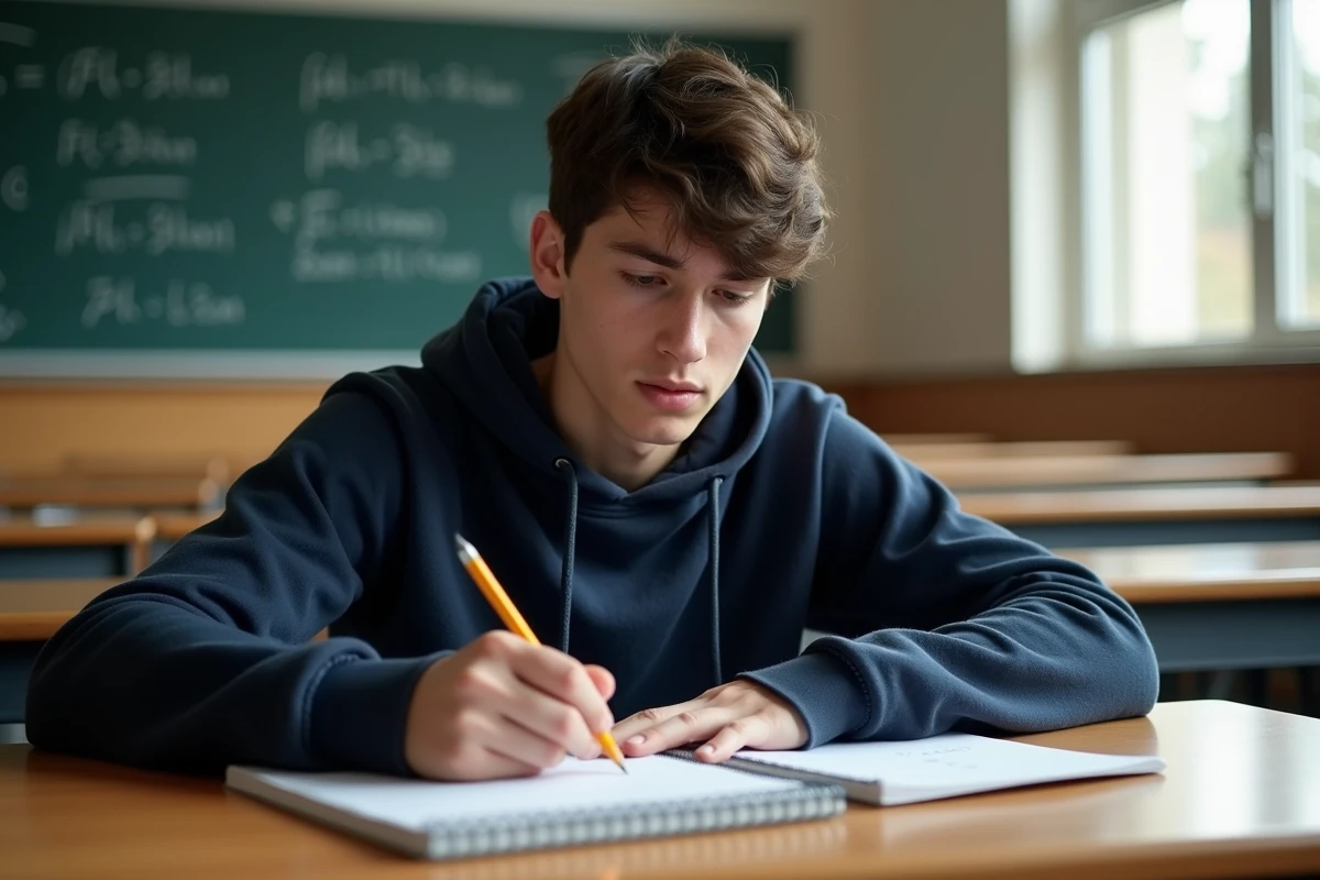 Lycéen écrivant la formule de force F=ma dans un cahier de physique en salle de classe