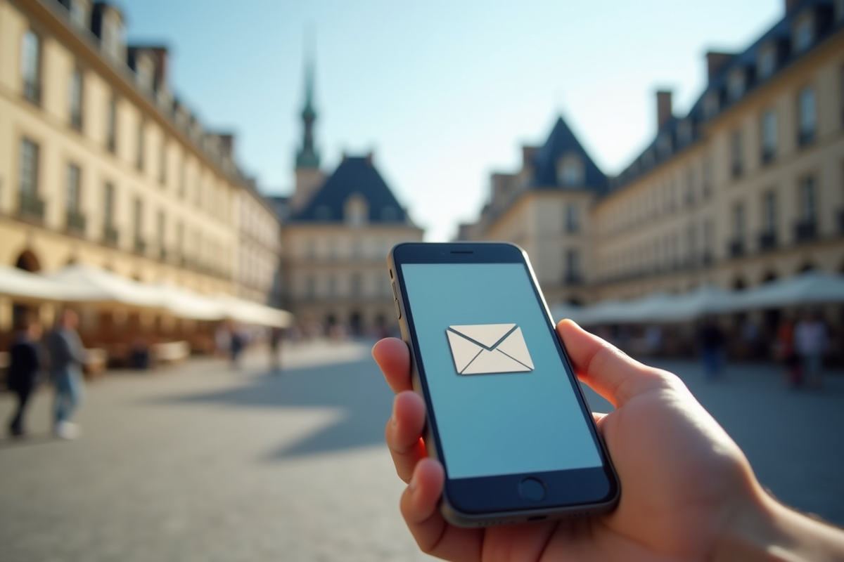 Main tenant un smartphone avec une interface email devant le lieu Place Stanislas