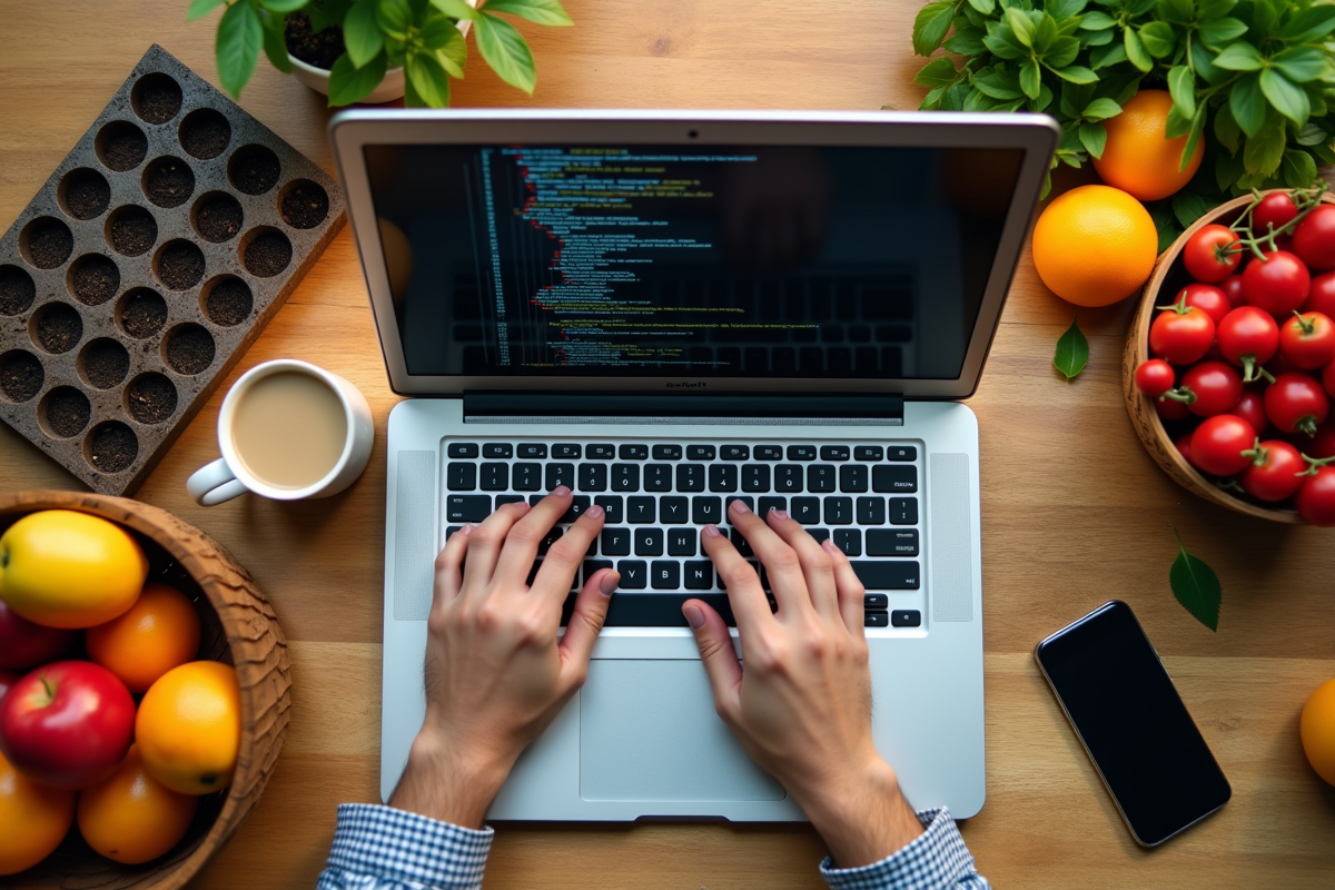 Mains sur clavier avec code R et fruits frais sur la table