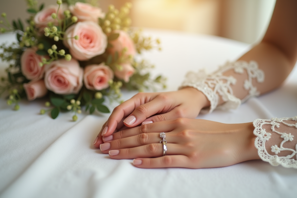 Mains entrelacees avec bagues et fleurs en fond