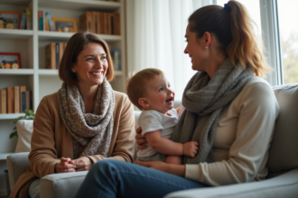 Femme attentive écoutant une mère avec enfant dans un salon chaleureux