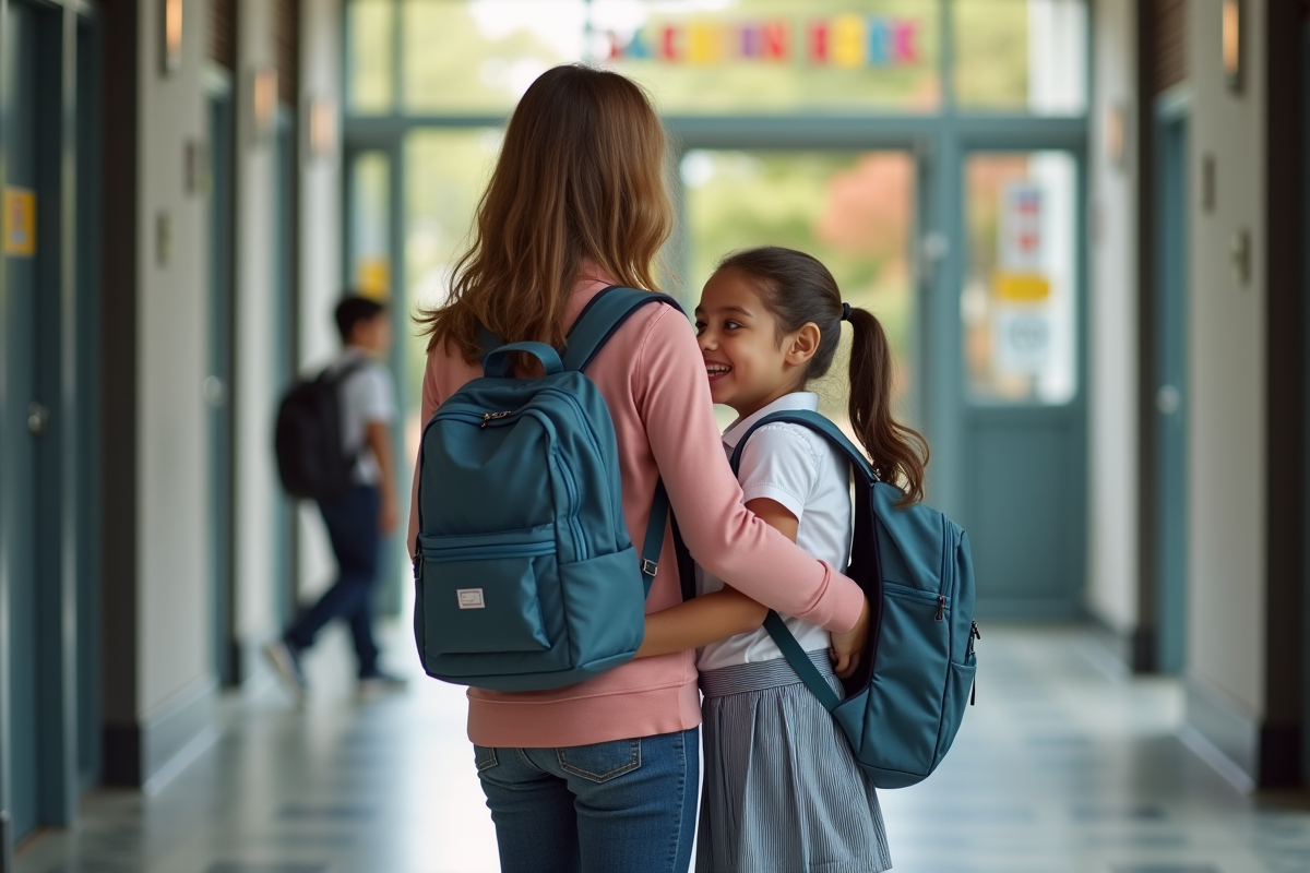 Mère et fille partageant un moment rassurant devant une école moderne