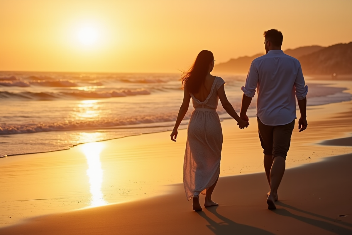 Couple main dans la main sur la plage au coucher du soleil