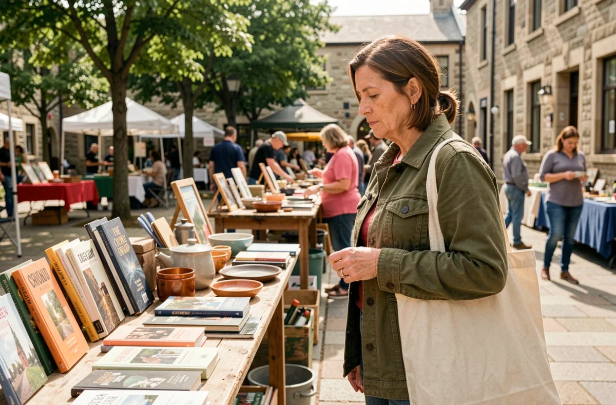 Une femme parcourant un marché d'échange communautaire en plein air avec des tables d'objets de seconde main, représentant l'économie du troc