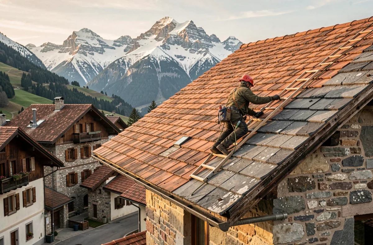 Vue panoramique de toitures alpines en Savoie avec charpentiers-couvreurs au travail sur des chalets traditionnels