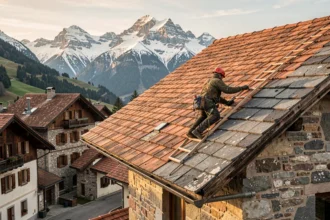 Vue panoramique de toitures alpines en Savoie avec charpentiers-couvreurs au travail sur des chalets traditionnels