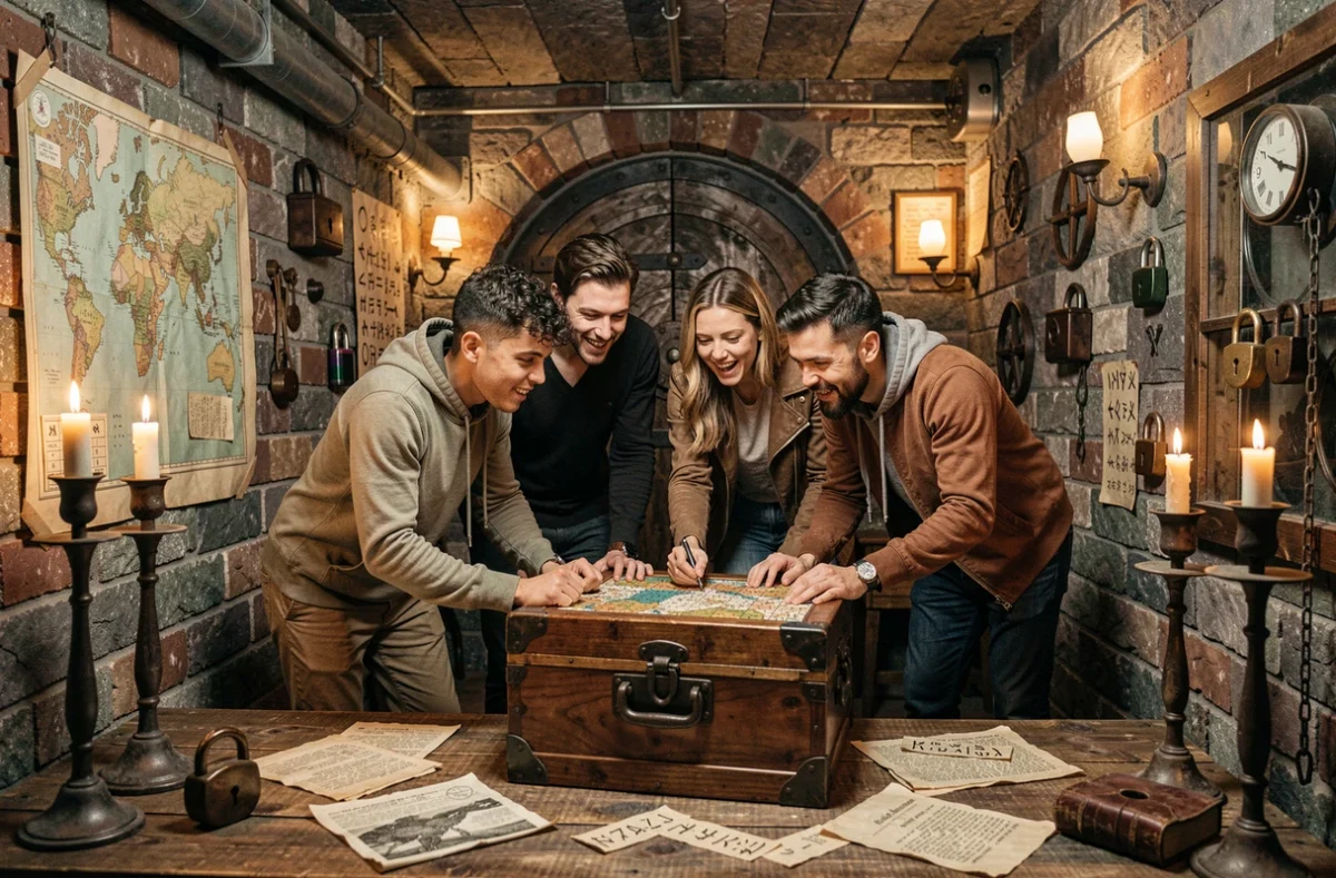 Groupe de joueurs plongés dans un escape game immersif avec énigmes et accessoires mystérieux
