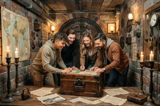 Groupe de joueurs plongés dans un escape game immersif avec énigmes et accessoires mystérieux