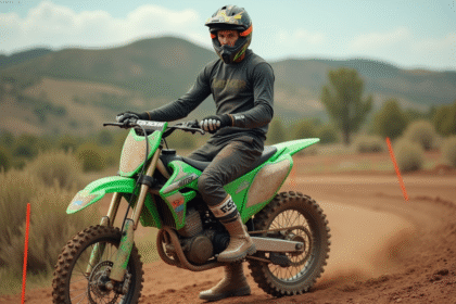 Jeune homme en motocross avec bike vert sur circuit