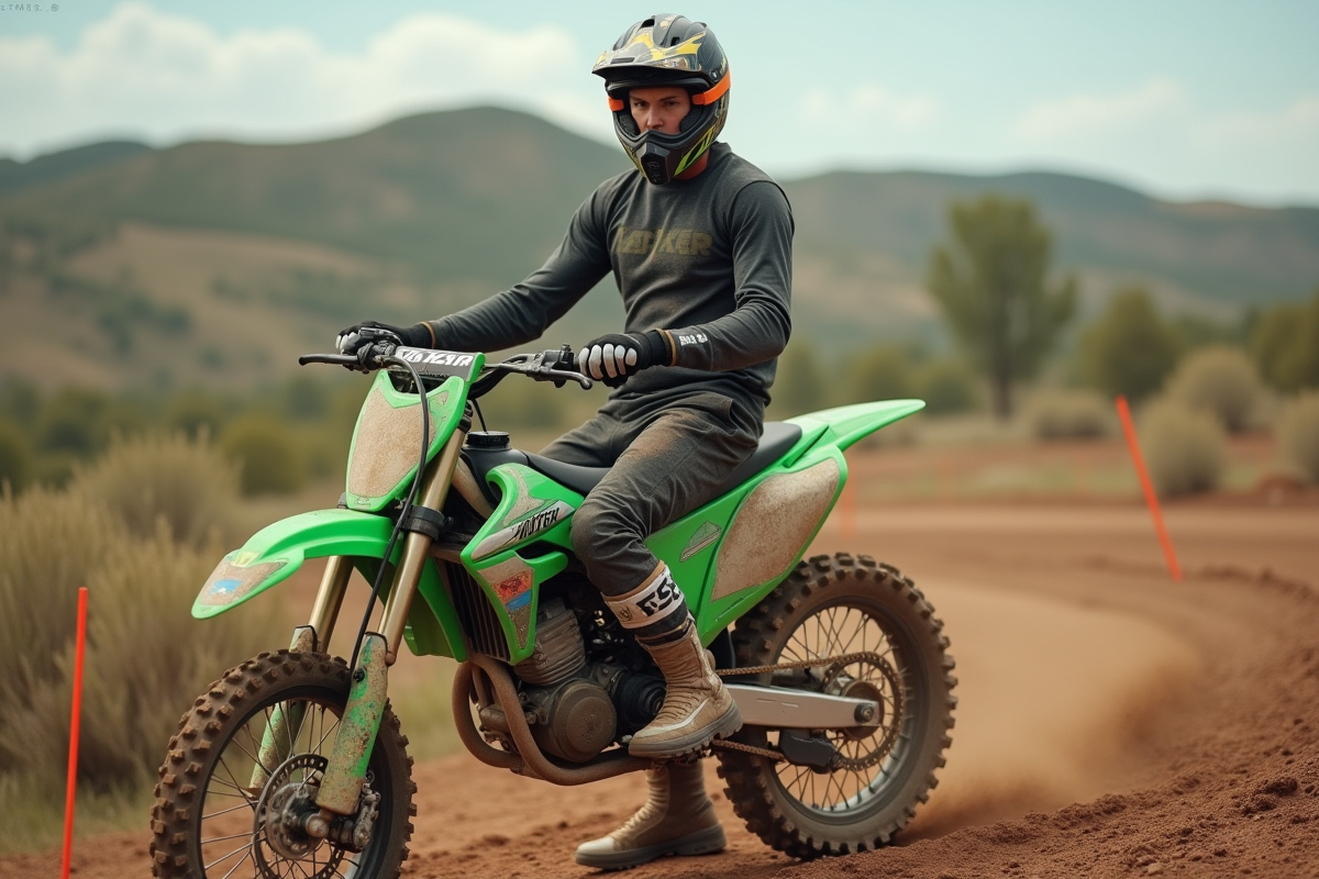 Jeune homme en motocross avec bike vert sur circuit