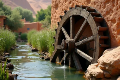 Ancienne noria en bois tournant dans une rivière marocaine entourée de roseaux et de canaux d'irrigation traditionnels