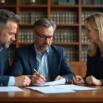 Notaire en costume examinant un contrat avec un couple