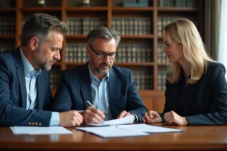 Notaire en costume examinant un contrat avec un couple