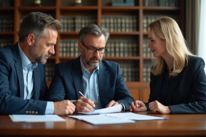 Notaire en costume examinant un contrat avec un couple