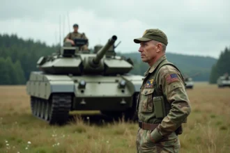 Officier français en uniforme camouflage près d’un tank Leclerc