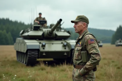 Officier français en uniforme camouflage près d’un tank Leclerc