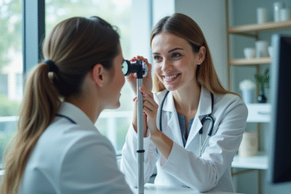 Optométriste confiante examinant les yeux d'un patient dans une clinique lumineuse