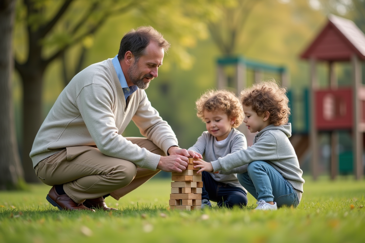 Père et enfants construisent une tour en bois dans un parc