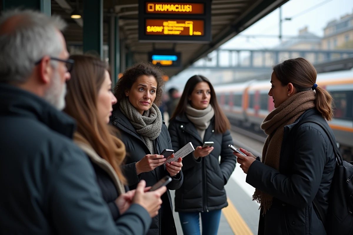 Groupe de voyageurs attendent sur une plateforme parisienne