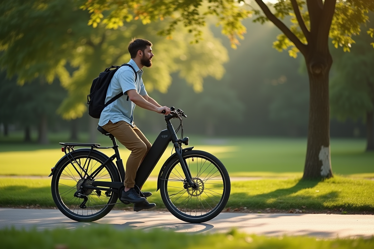 Personne roulant en velo électrique Bosch dans un parc au matin