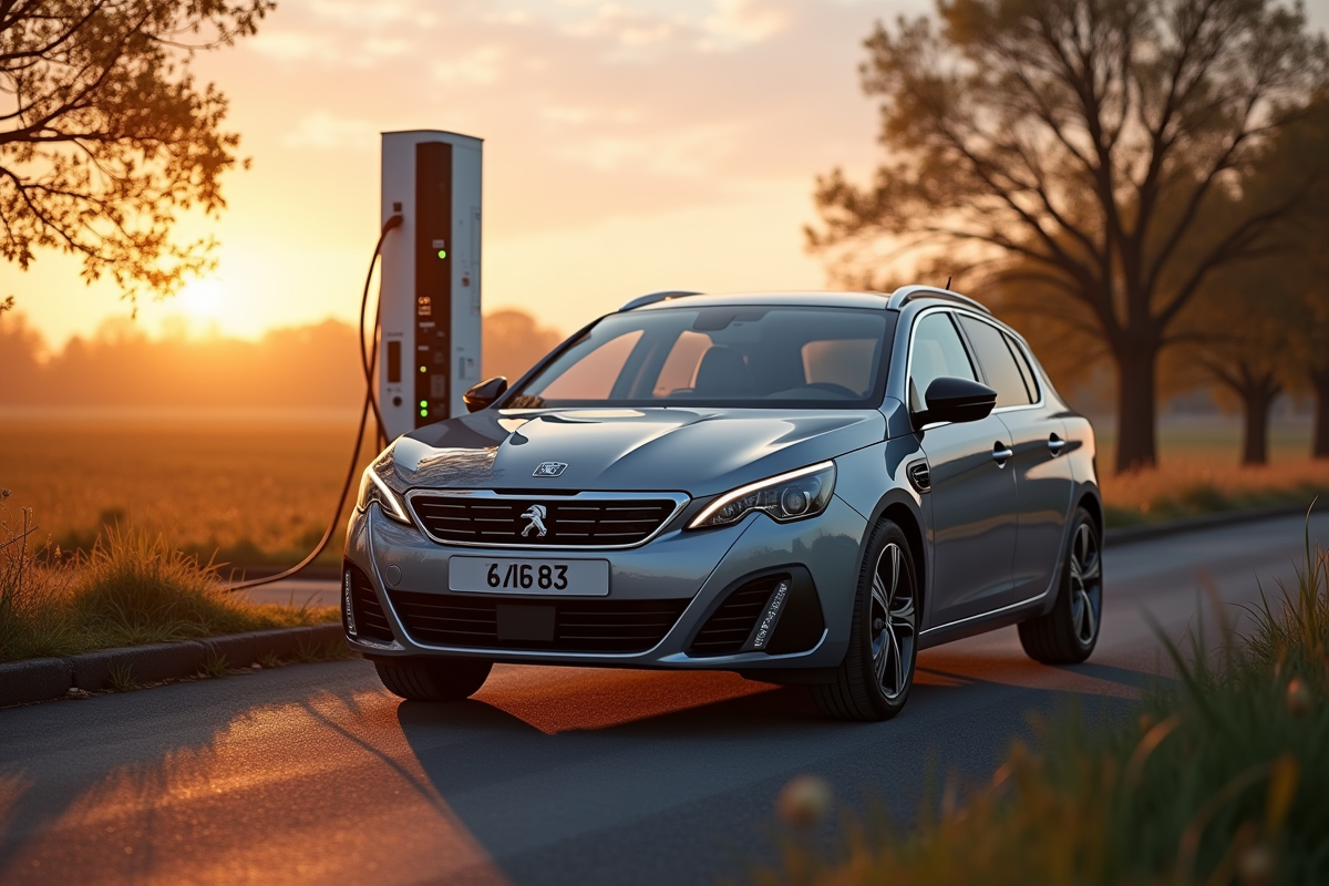 Peugeot 308 hybride en charge en campagne au coucher du soleil