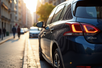 Peugeot 308 hybride stationnee en ville avec reflets