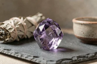 Pierre violette améthyste polie posée sur une ardoise grise avec des herbes séchées, symbolique spirituelle des cristaux violets