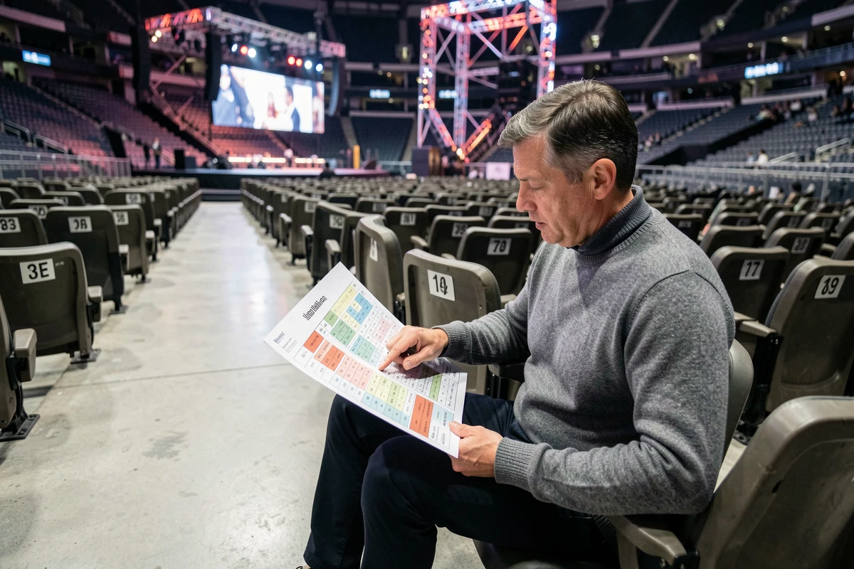 Homme consultant le plan de salle de Bercy pour repérer sa rangée et son siège avant un concert