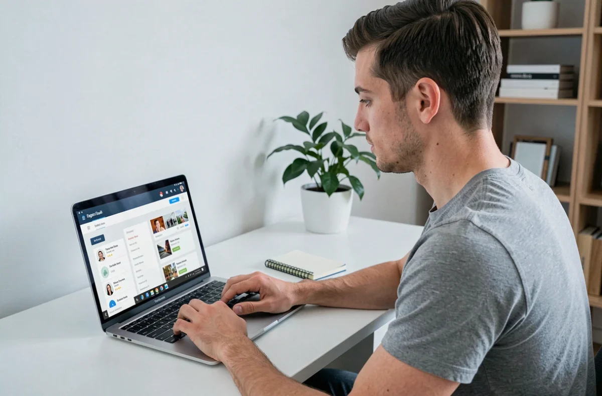 Un jeune homme utilisant une plateforme d'échange en ligne sur son ordinateur portable depuis son bureau à domicile, illustrant le troc numérique