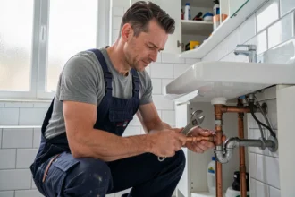 Plombier professionnel en salopette marine réparant des tuyaux en cuivre sous un lavabo dans une salle de bain moderne en Centre-Val de Loire