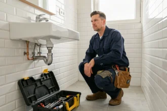 Plombier professionnel travaillant sur une installation de plomberie dans une salle de bain à Brest