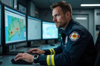 Pompiers en salle de commandement avec écran digital