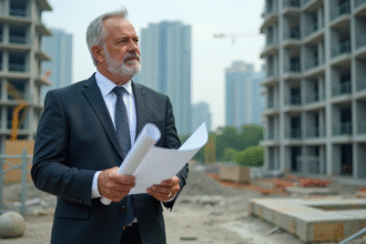 Promoteur immobilier en costume examine un chantier moderne