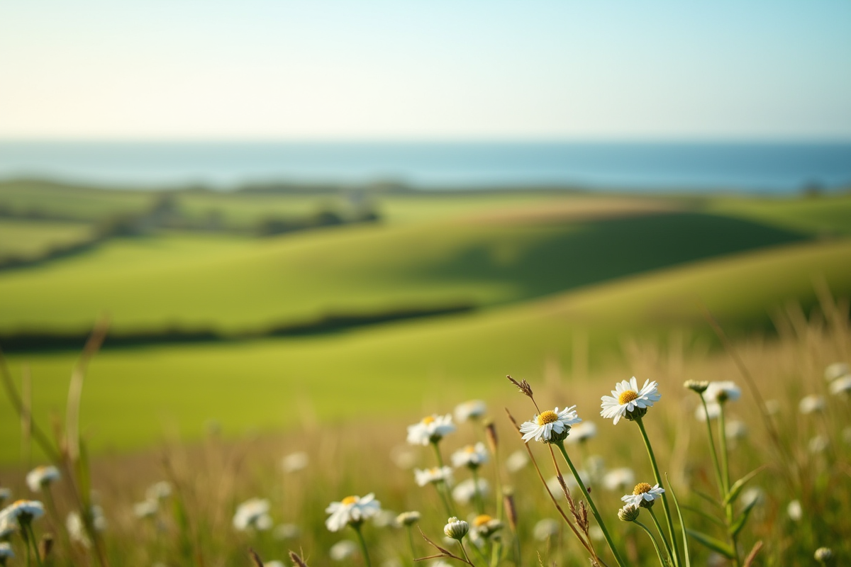 Prairies vertes près de Cancale avec fleurs sauvages