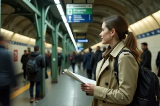 Quai de la ligne 9 du métro parisien avec une voyageuse consultant un plan des correspondances RER et métro