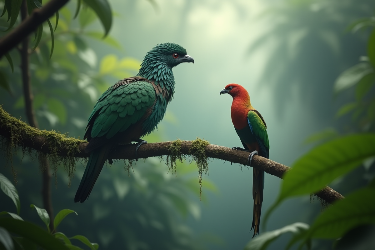Quetzal perché sur une branche dans la forêt brumeuse