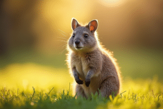 Quokka debout sur l'herbe ensoleillée regardant l'objectif