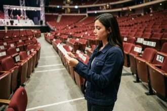 Femme consultant son billet dans les rangées numérotées de l'arène Bercy lors d'un concert