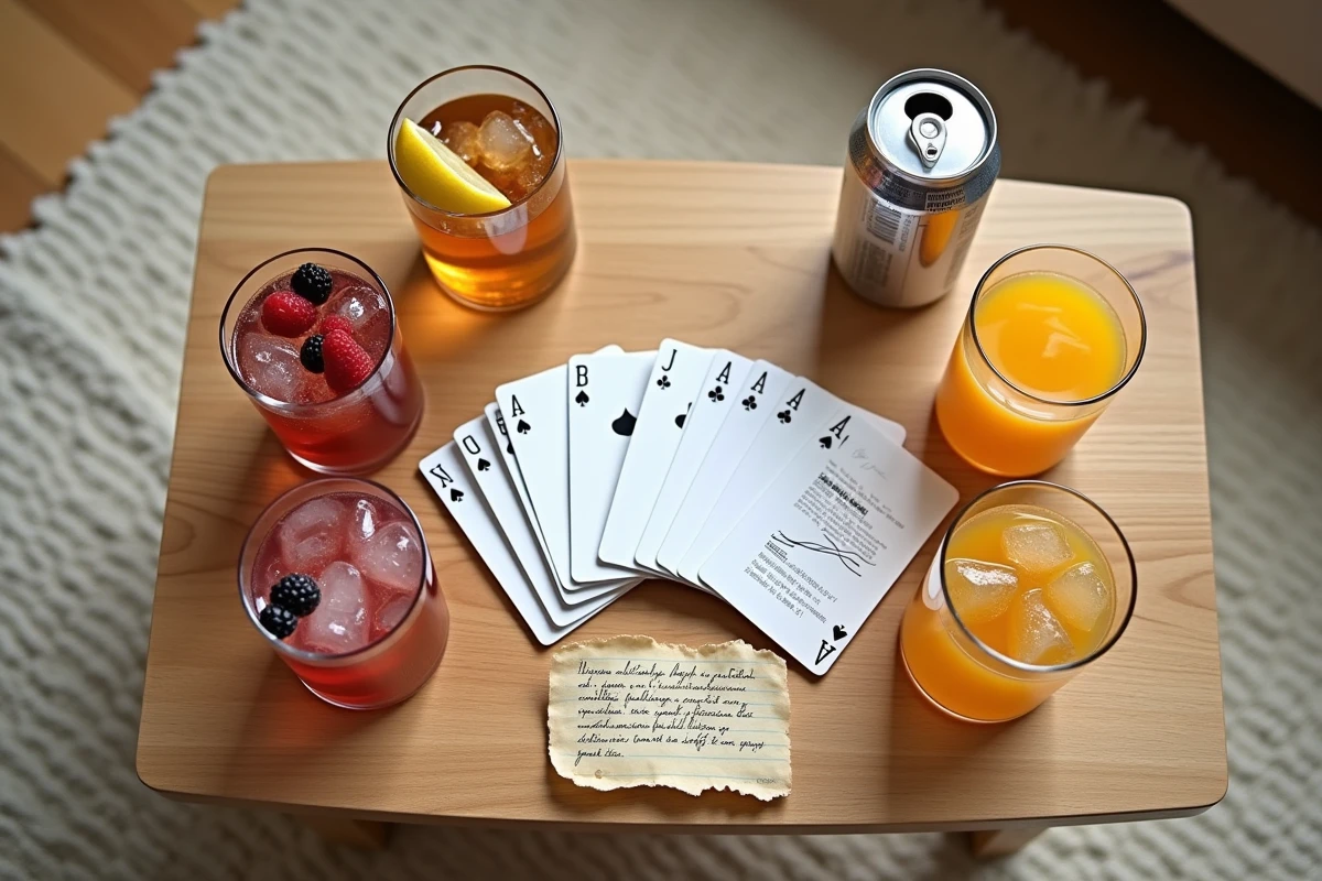 Vue de dessus d'un jeu de cartes palmiers entouré de boissons sans alcool et d'une feuille de règles manuscrite