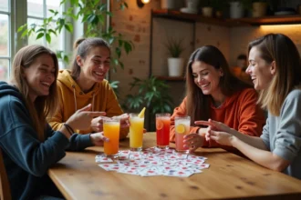 Groupe de jeunes adultes jouant aux règles palmiers sans alcool autour d'une table en bois avec des boissons colorées