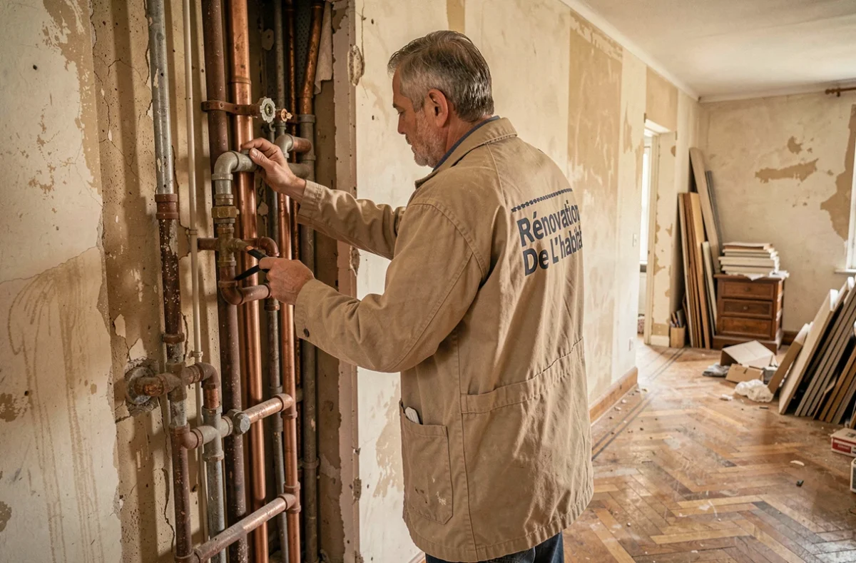 Artisan de Rénovation De L'habitat inspectant des canalisations anciennes derrière une cloison ouverte à Brest
